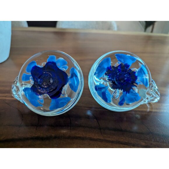 Vintage Set of 2  Joe St. Clair Glass Candle Holders cobalt blue Flowers - Picture 4 of 12